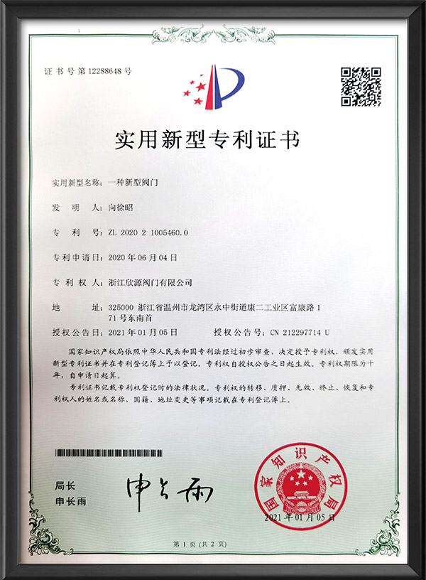 實(shí)用新型專利證書-一種新型閥門